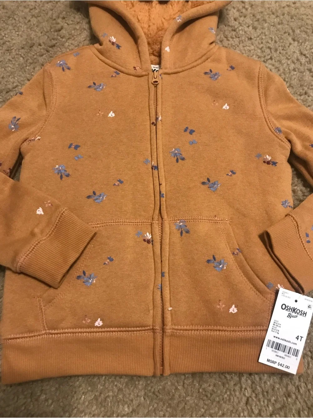 NEW! OshKosh B'gosh Toddler Girls' Tan Floral Fleece Zip Hoodie, Size 4T